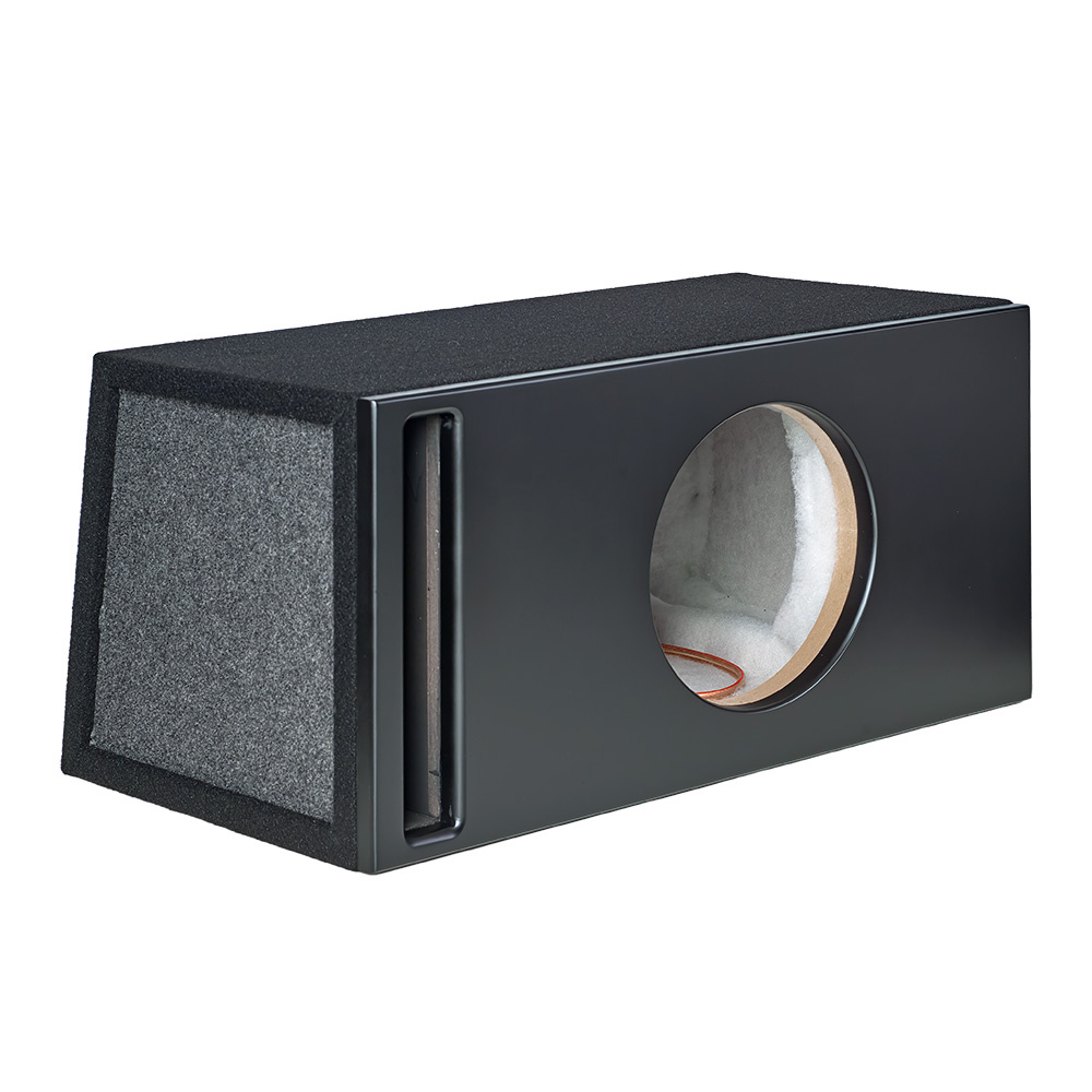 En svart baslåda med rund öppning och filtbeläggning.