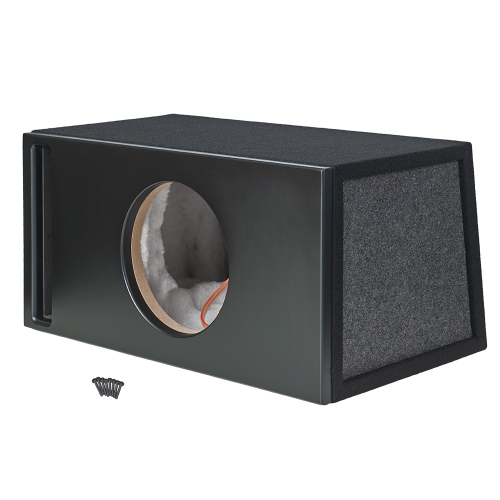 En svart baslåda med hål, klädd i filt och inkluderar en skruv.