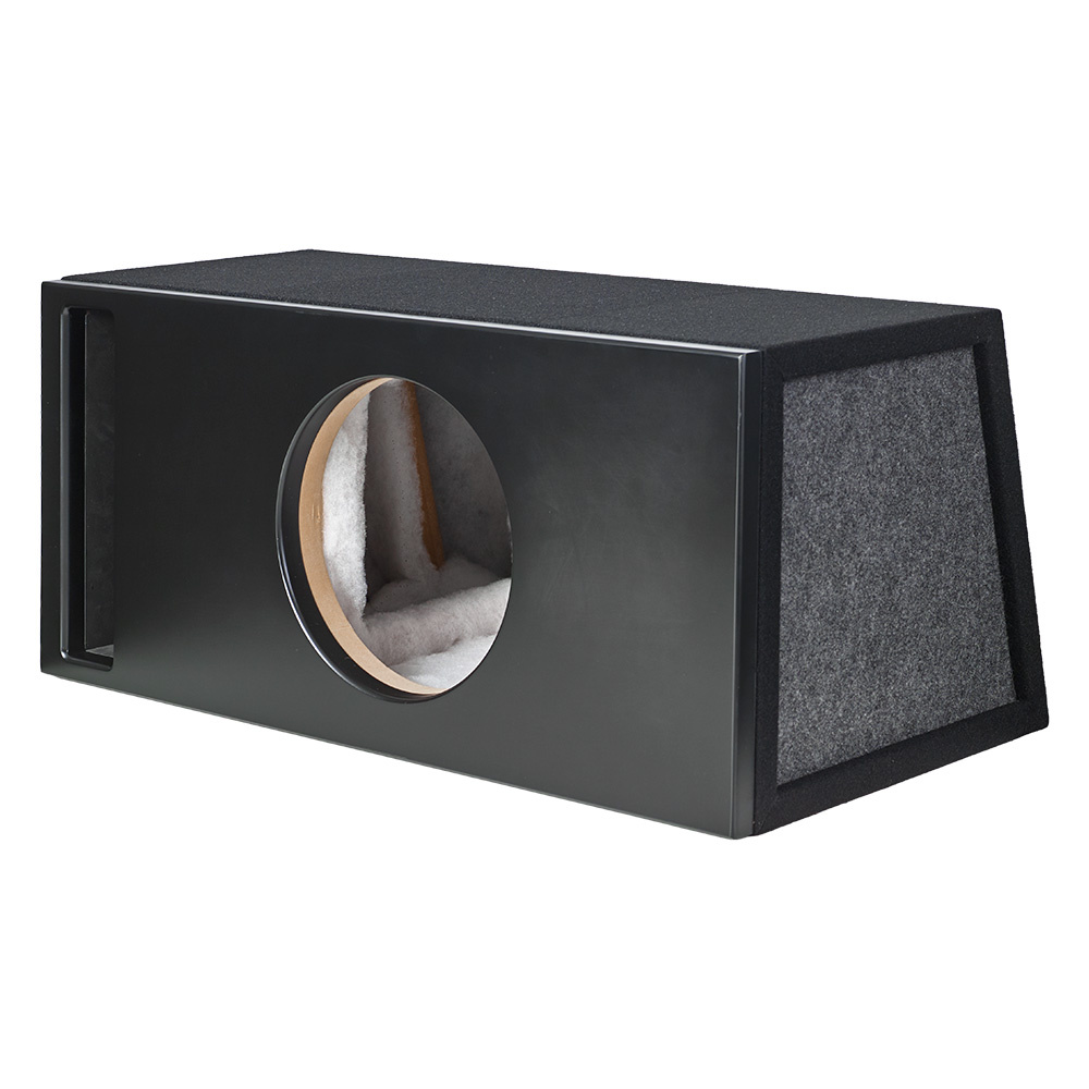 Svart baslåda för bil, med ljuddämpande material och rund öppning.