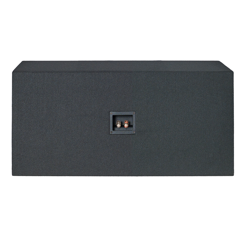 Svart, rektangulär baslåda med anslutningar framtill. Robust design.