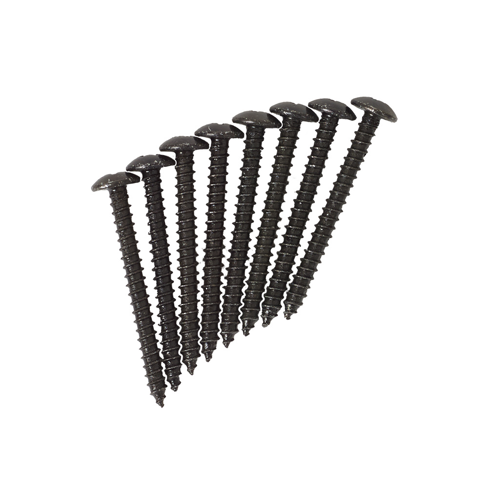 Åtta svarta skruvar med rundad topp, för installation.