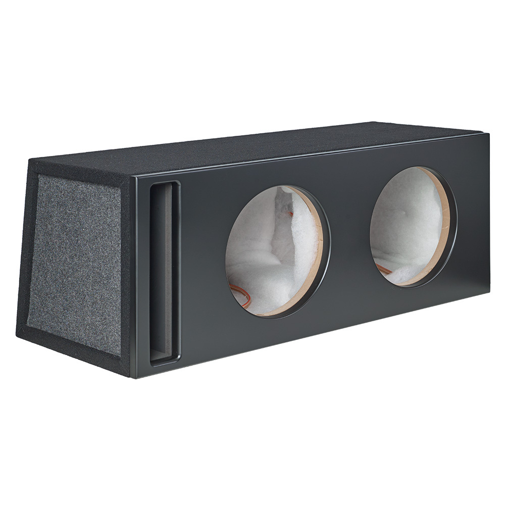 Svart baslåda med två rundade högtalaröppningar och en port.