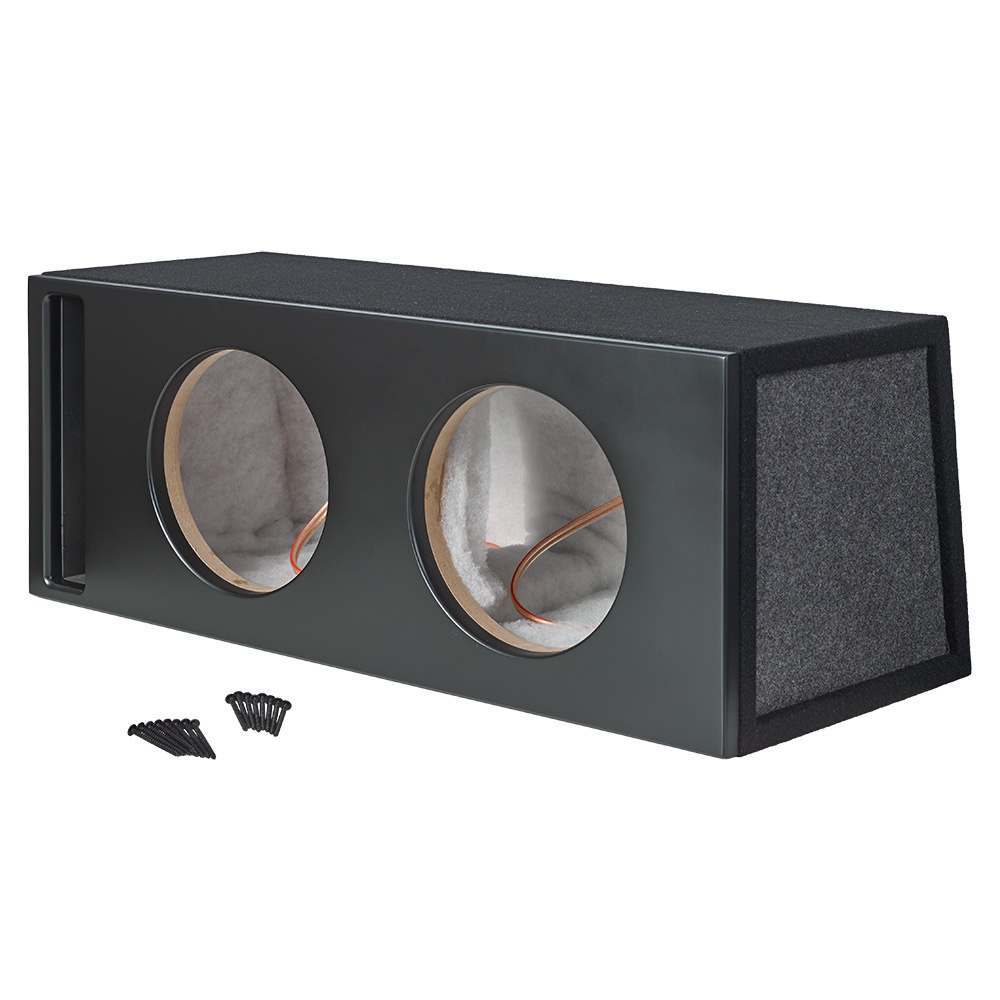 En svart baslåda med två runda högtalaröppningar och tillbehör.