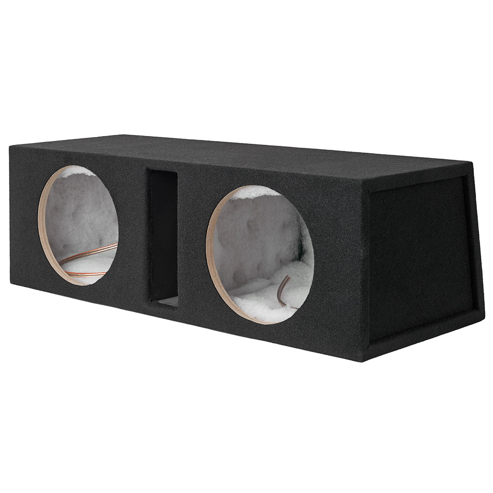 En svart baslåda med två runda hål och en öppning på sidan.