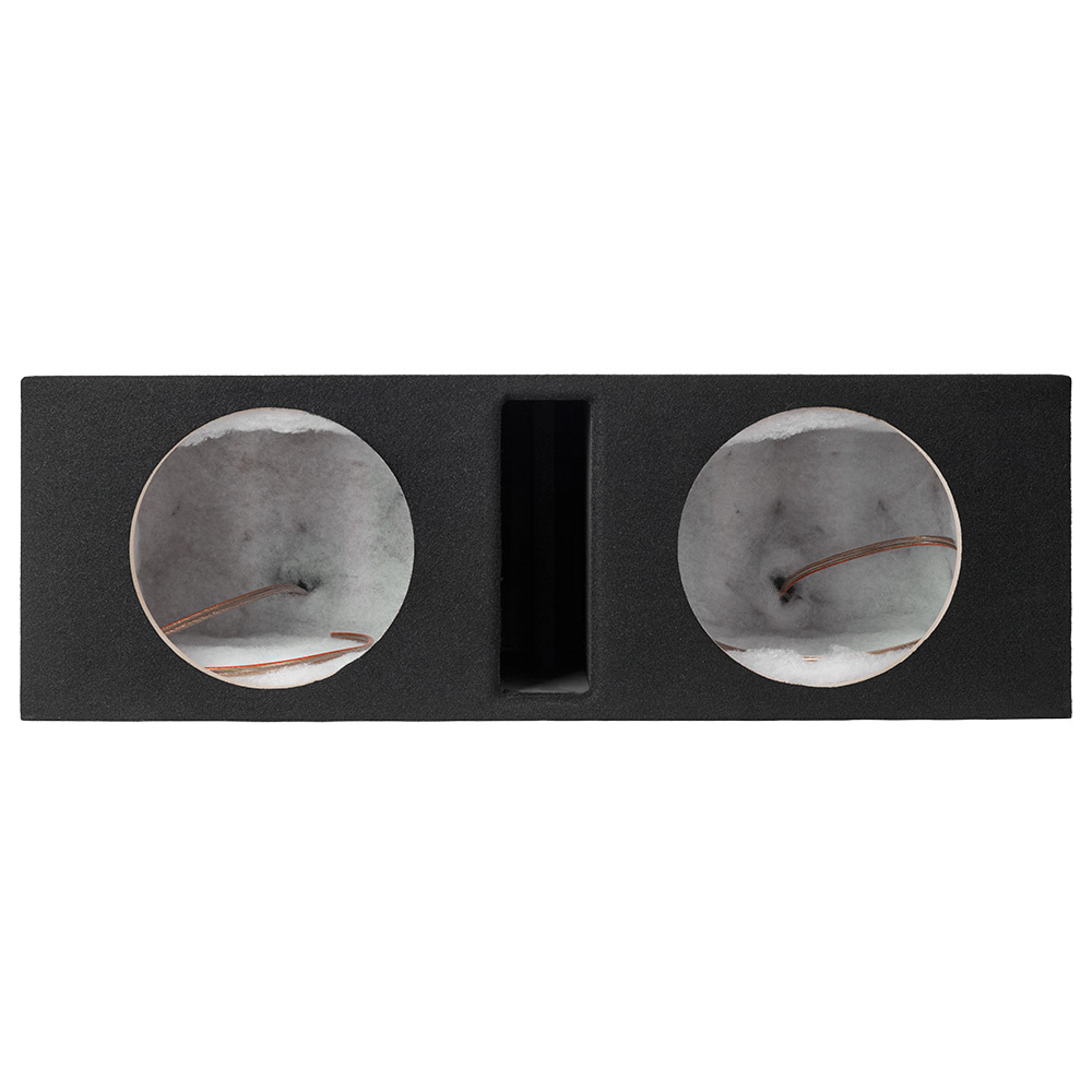 En svart baslåda med två rundade öppningar och en mittkanal.