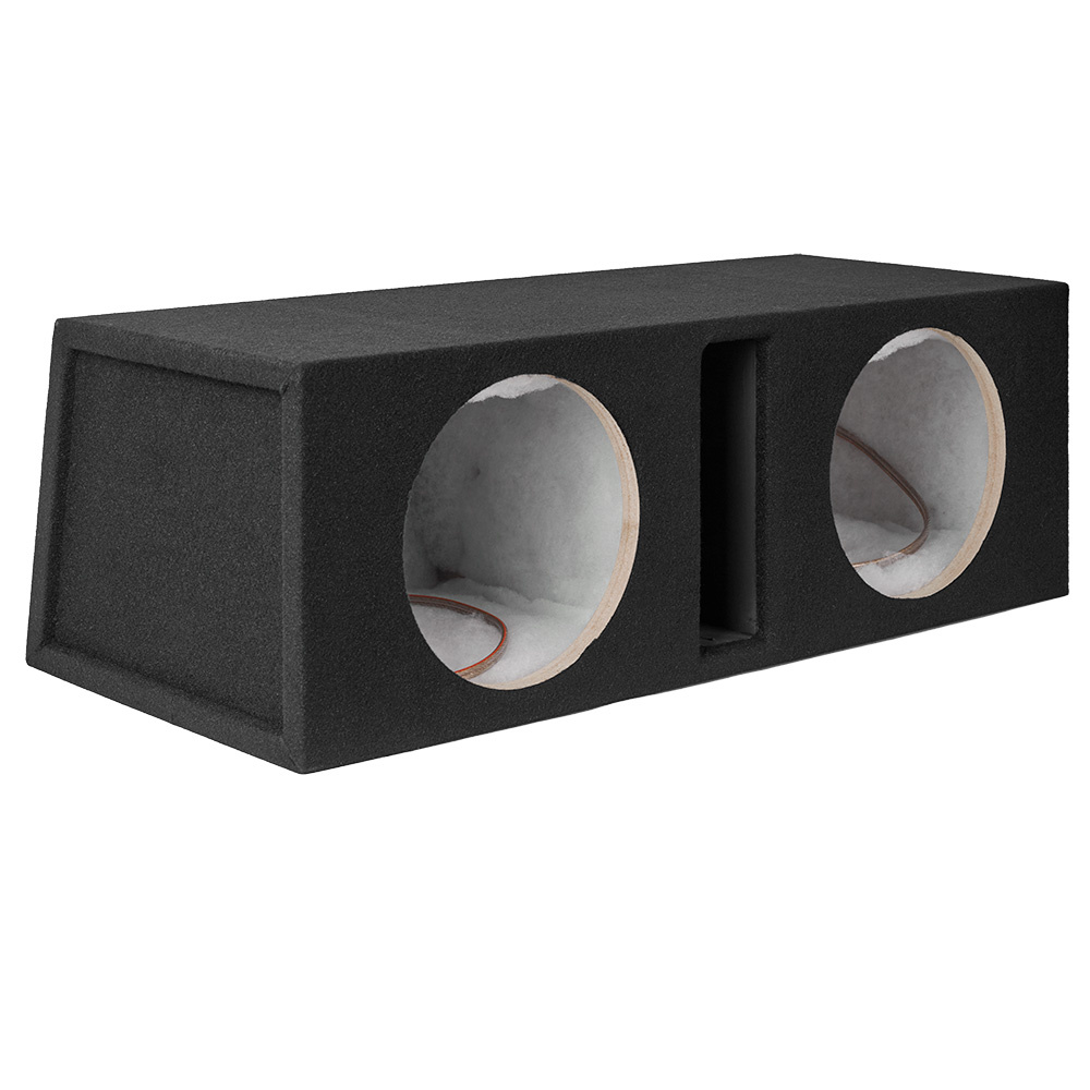 Baslåda i svart med plats för två högtalare och öppningar.