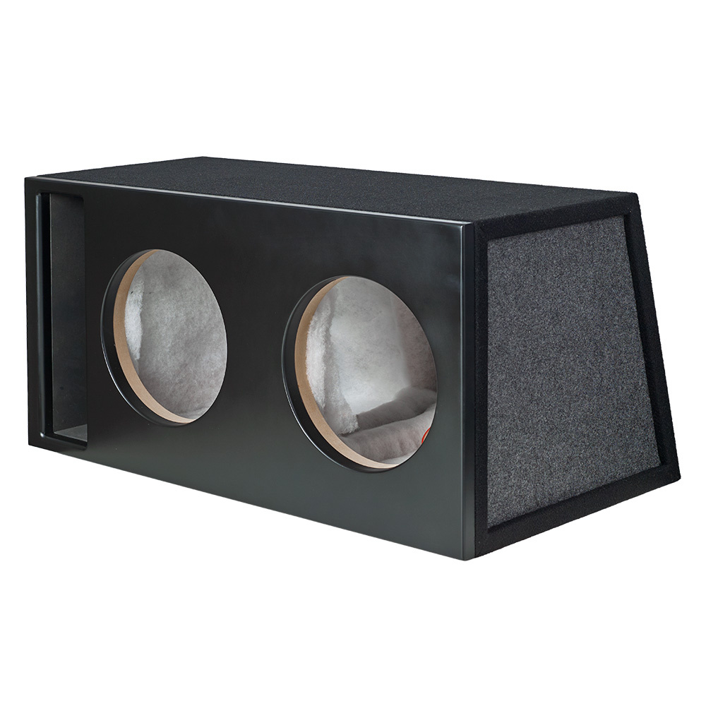 En svart baslåda med två rundade hål för högtalare.