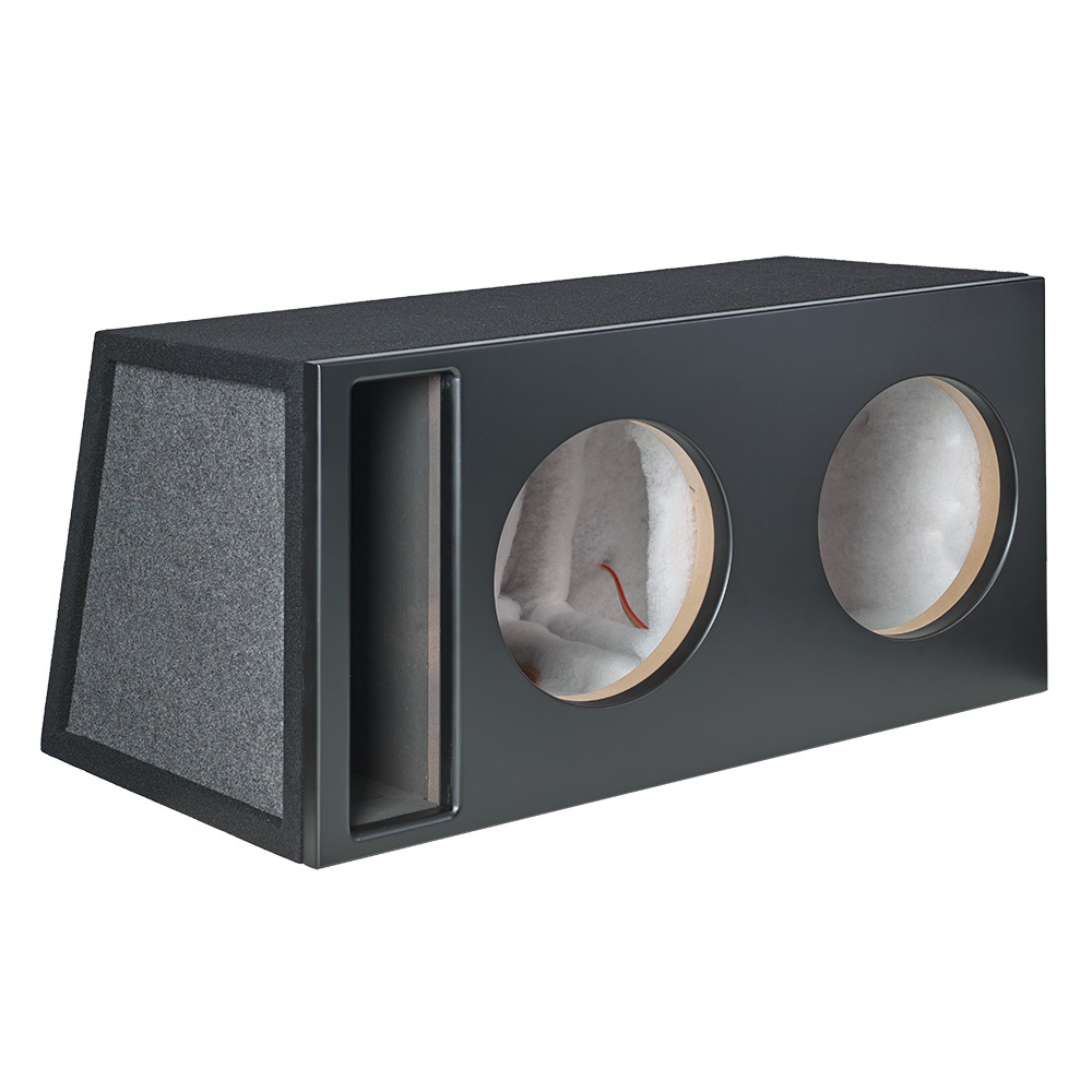 En svart baslåda med två runda uttag och en förlängd bakdel.