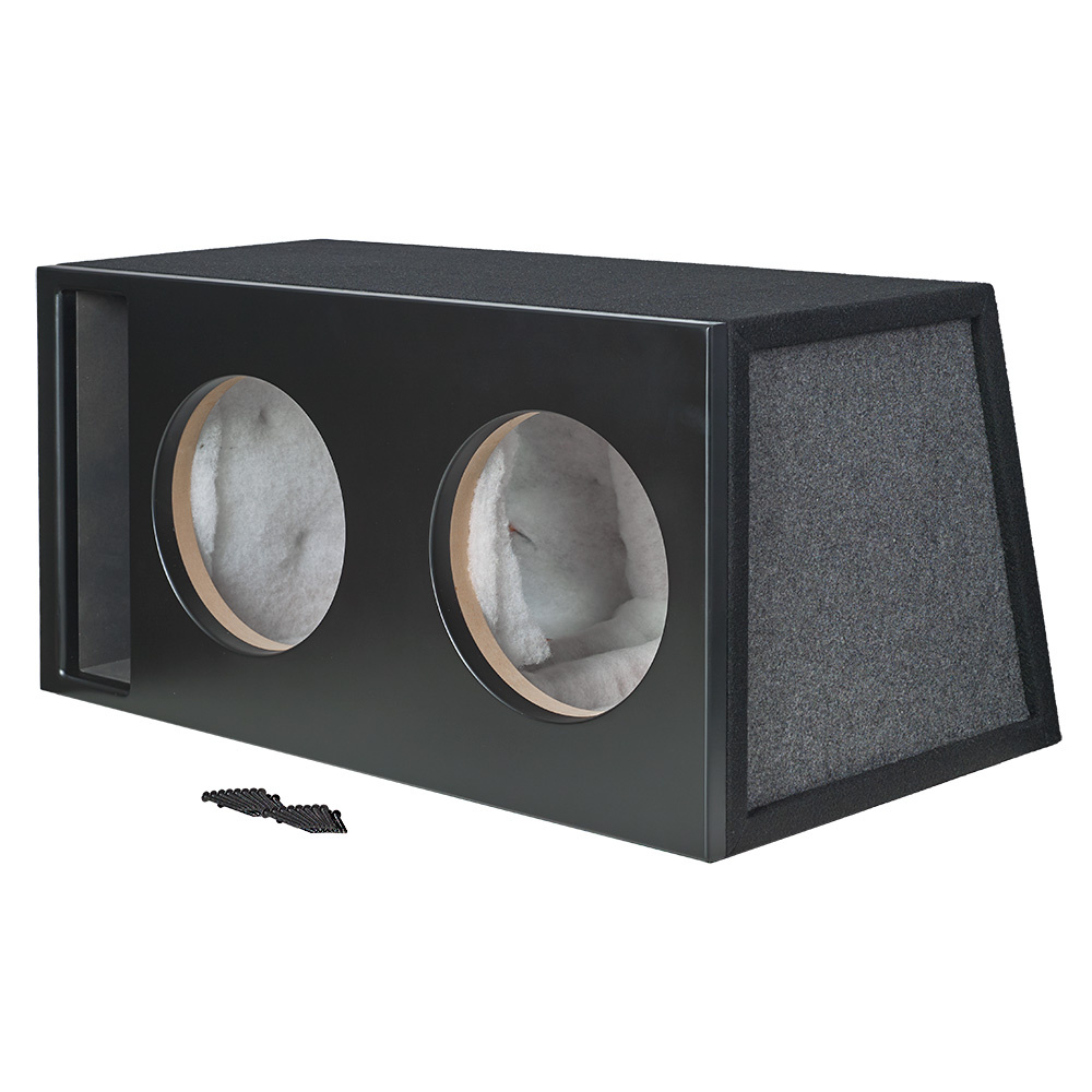 En svart baslåda för två 12 tums högtalare med filtinsida.