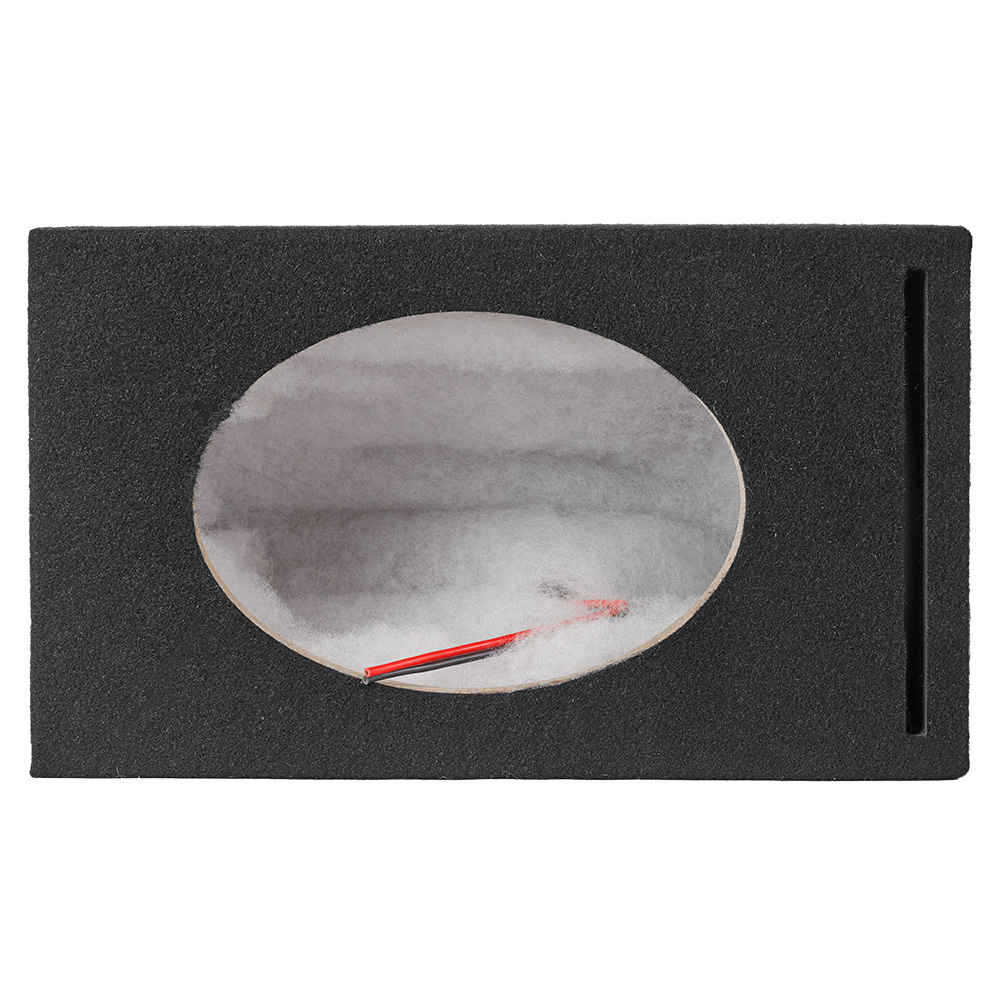 En portad högtalarlåda med oval öppning och svart yta.