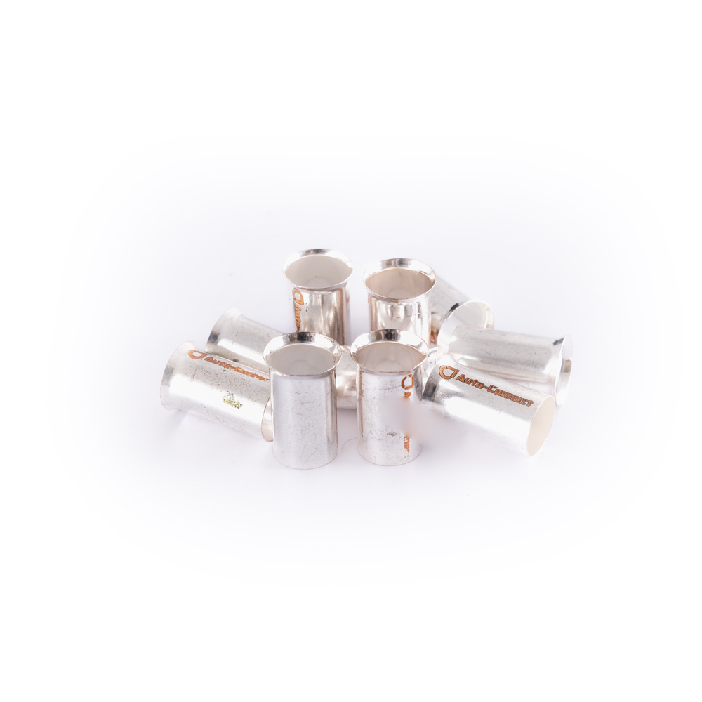 Tio kabelhylsor för 50mm²-kablar, silverfärgade, ojämn yta.