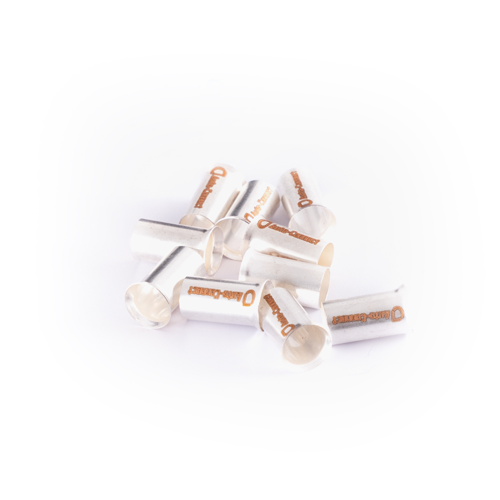 Ett 10-pack kabelhylsor för 16mm²-kabel, metalliska och cylindriska.