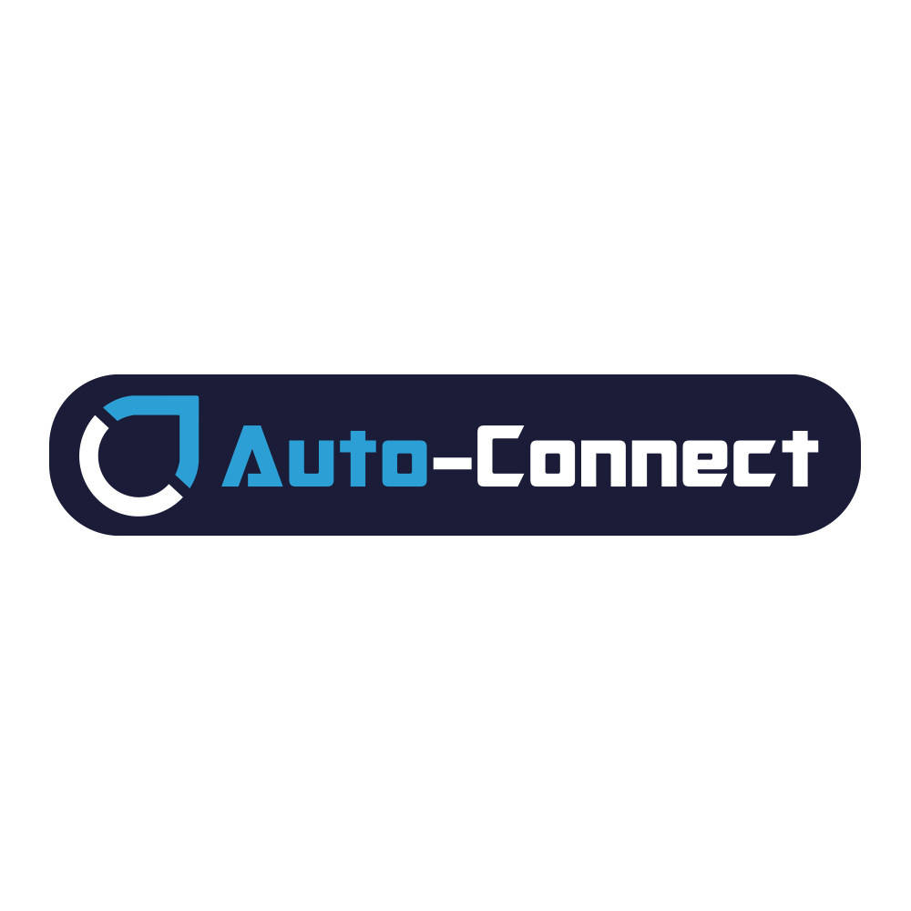 Auto-Connect-klistermärke, blå, med text och logotyp.