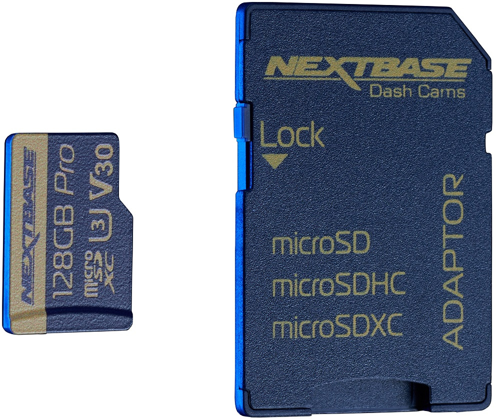 Ett NextBase 128GB U3 Micro SD-kort med adapter.