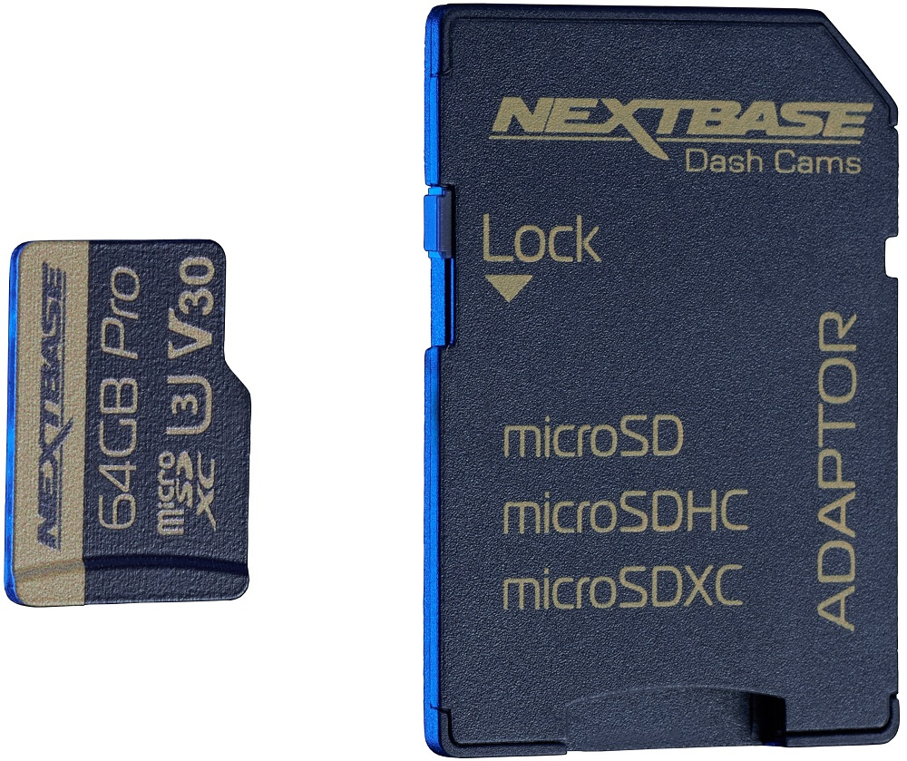 Ett NextBase 64GB U3 Micro SD-kort med adapter.