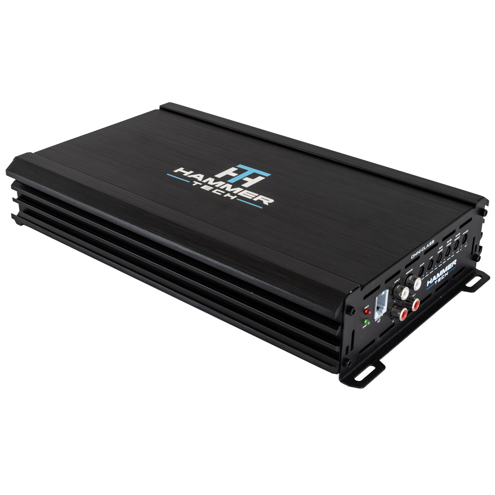 En svart förstärkare med flera ingångar och utgångar, märkta \