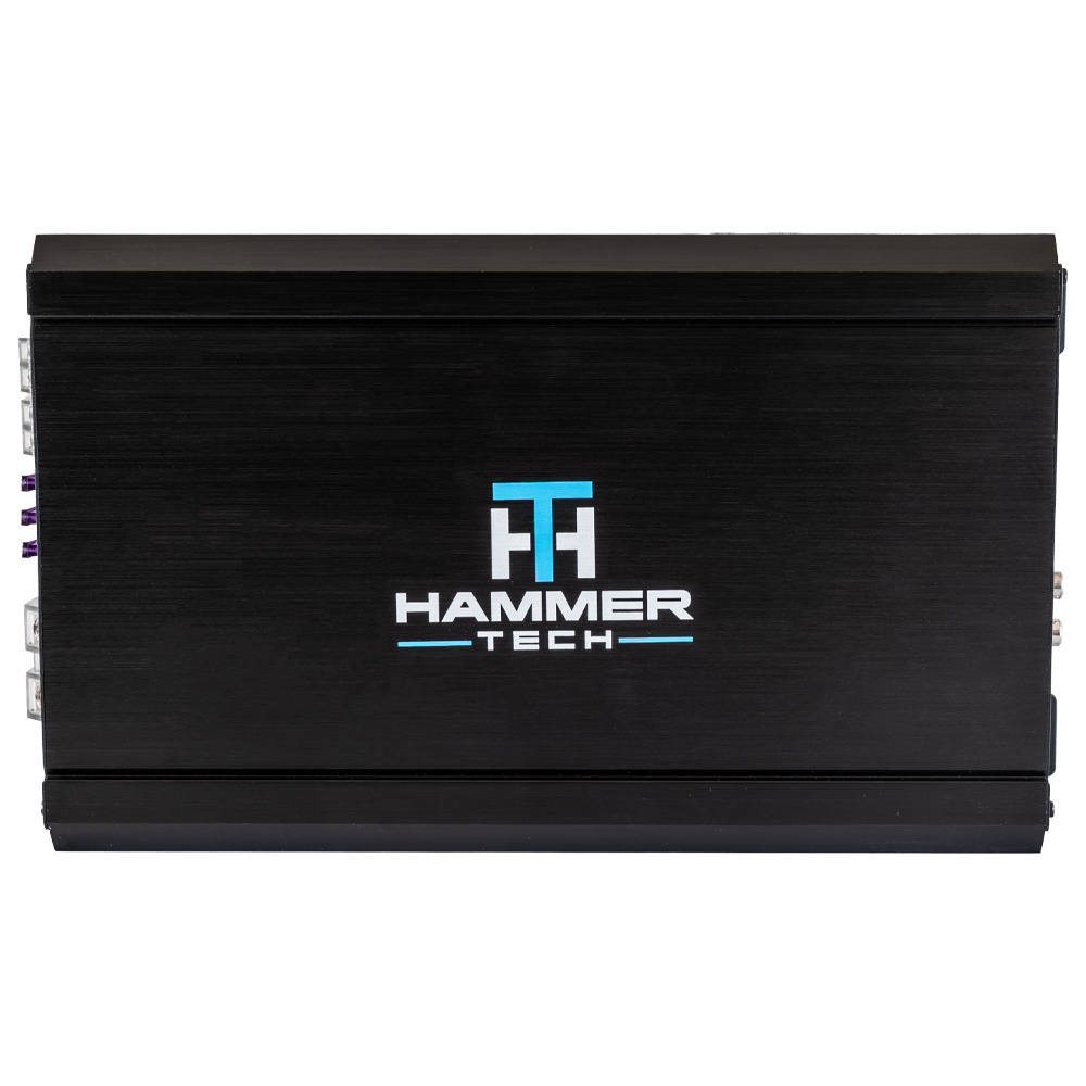 En svart monoblock förstärkare med blått och vitt logotyp.