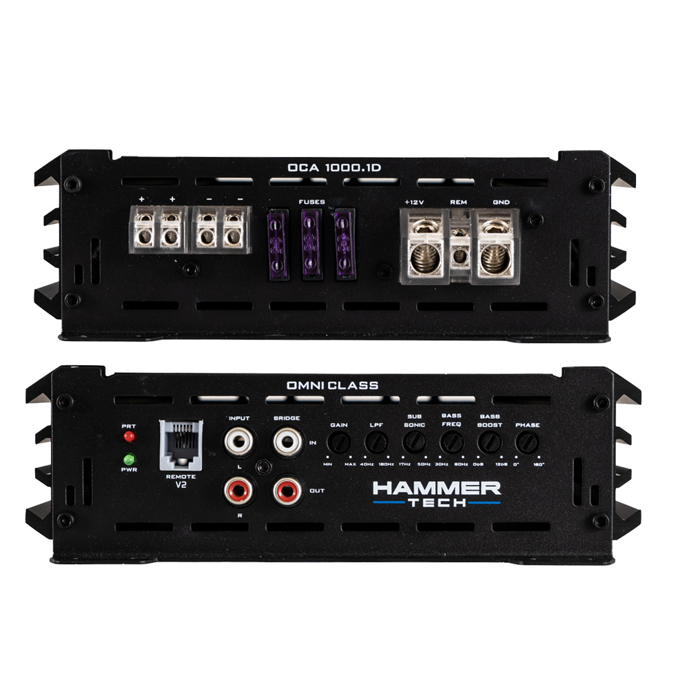 En svart förstärkare med kontroller och anslutningar på framsidan och baksidan.