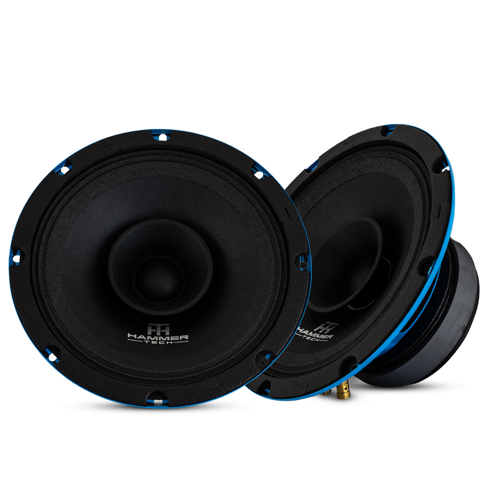 Två svarta 8-tums mellanregisterhögtalare med blå detaljer.