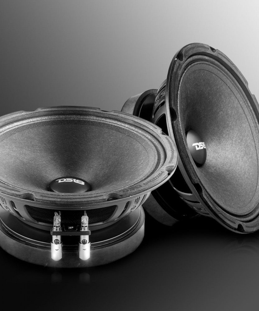 Två 6,5 tums midbasar med svart hölje och magnetisering.