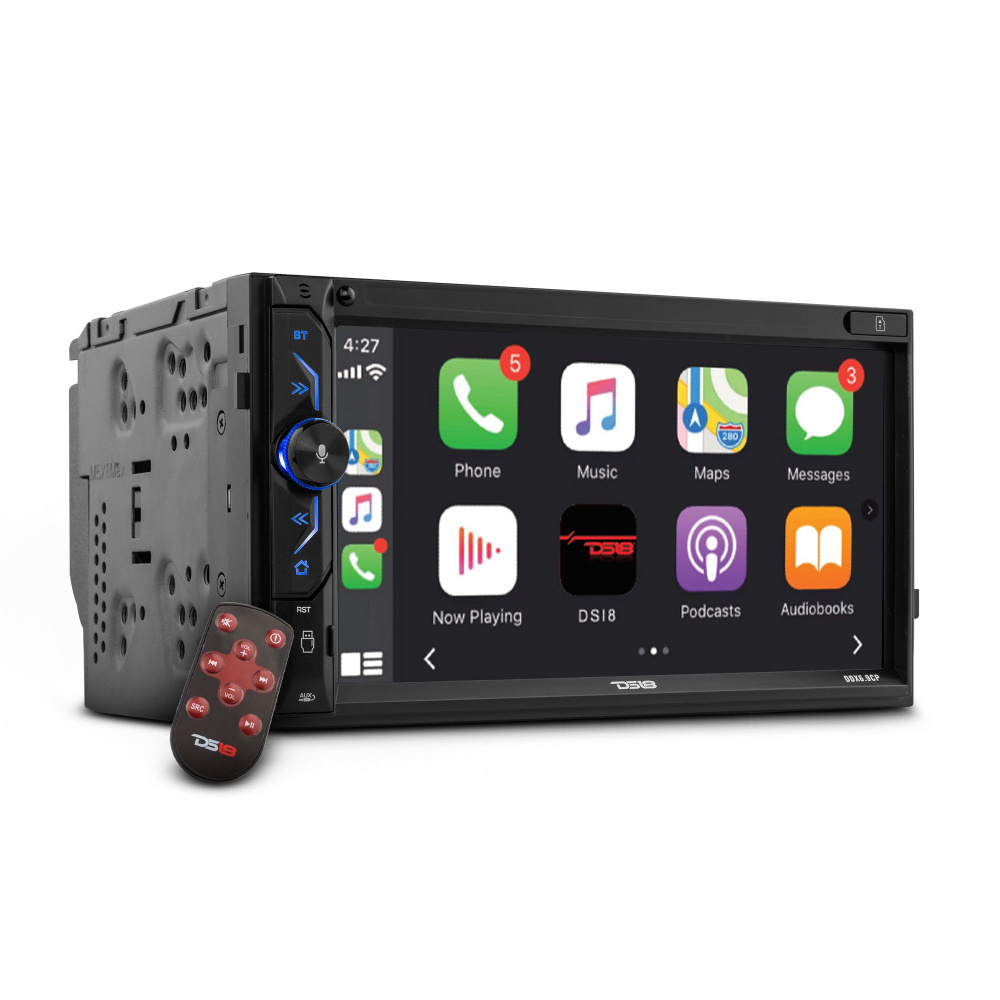 Bilstereo med skärm, Apple CarPlay, Bluetooth och fjärrkontroll.