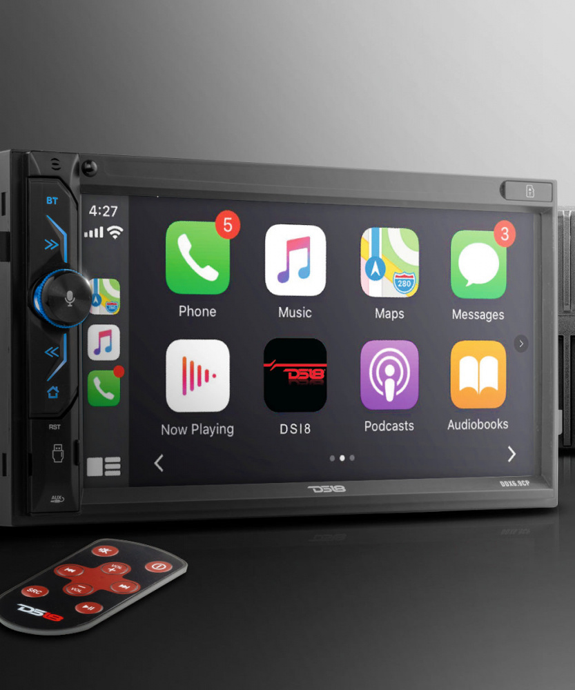 Bilstereo med Apple CarPlay, Bluetooth, USB och fjärrkontroll.