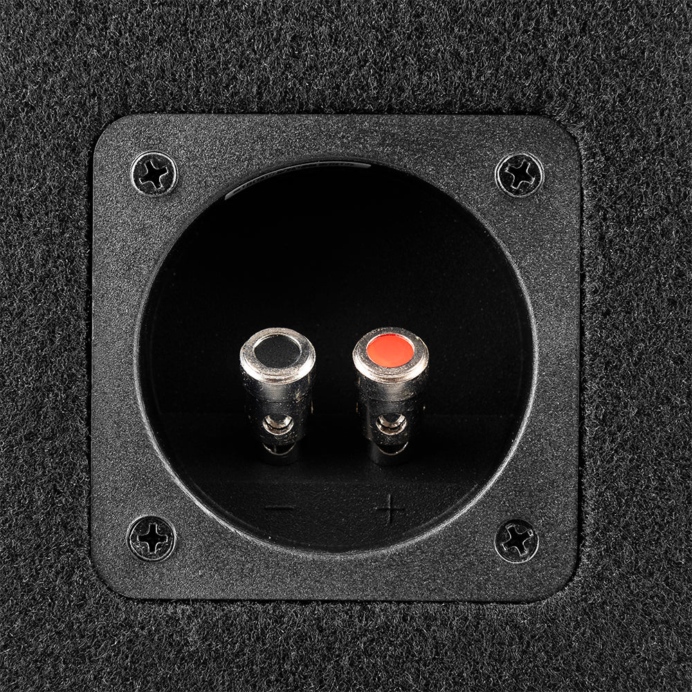 Portar för anslutning av högtalarkablar i en baslåda.