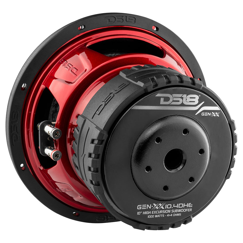 10 tums subwoofer med röd och svart design, hög prestanda och 1000 watt.