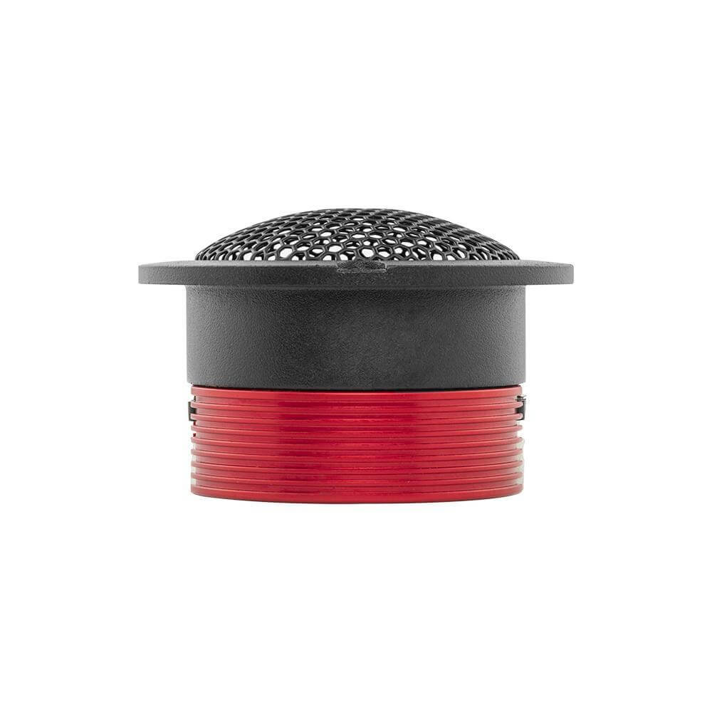 Högtalare med svart och röd design, rund hornkapsel för ljudåtergivning.