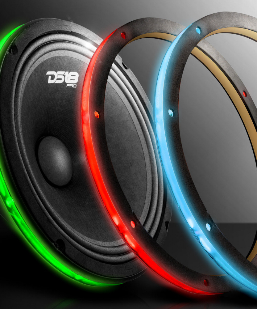 RGB LED-ring för högtalare, med färgglada ljuseffekter och ljudelement.