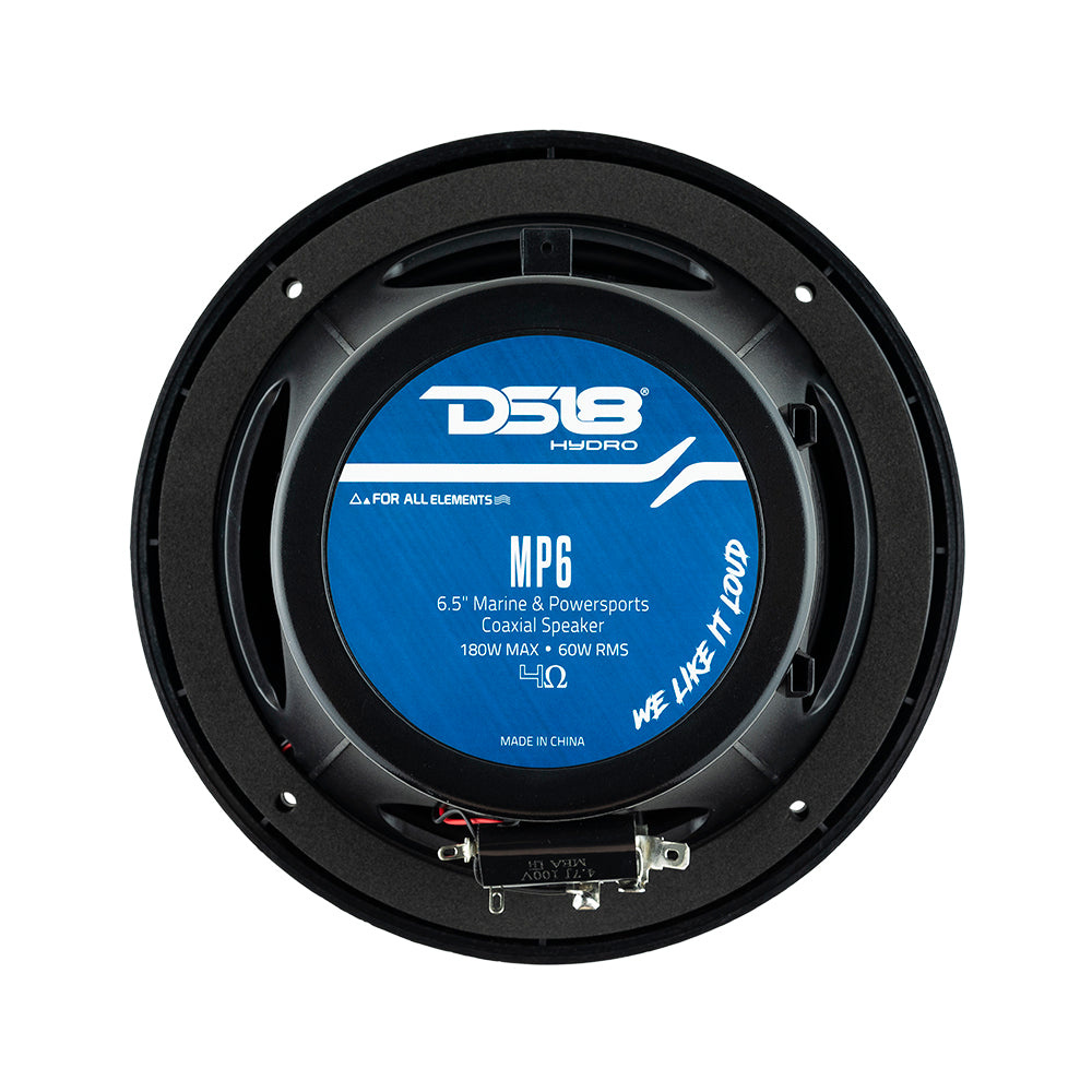 Svarta 6,5 tum marinhögtalare med koaxialdesign. Modell: DS18 MP6/BK.