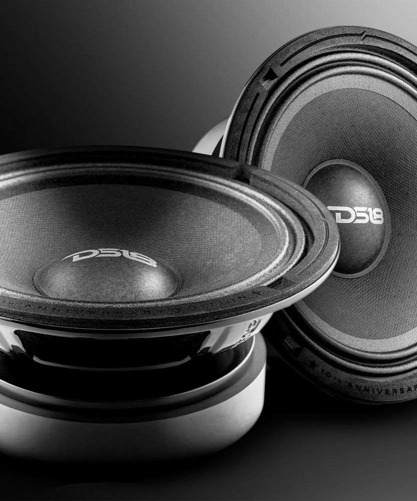 Två 6.5 tums midbas-element från DS18 med svart och silverdesign.