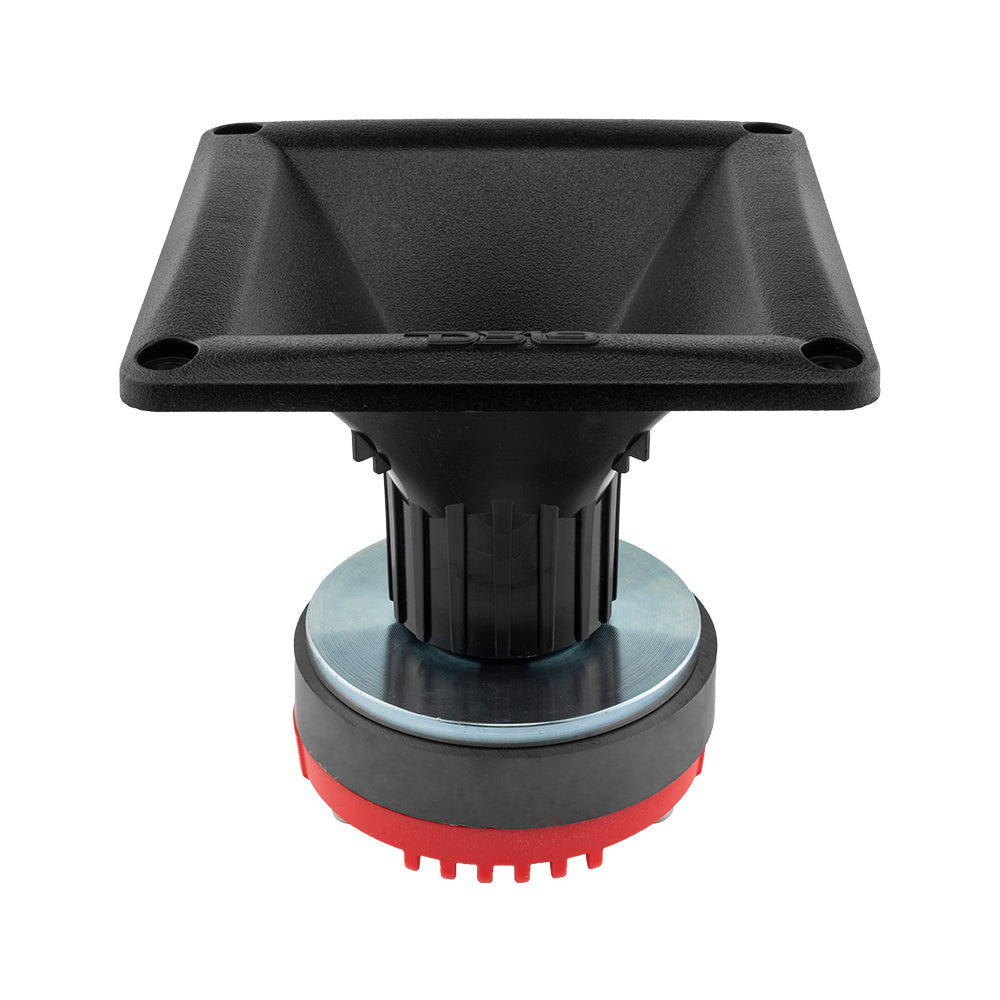 En svart hornhögtalare med en metallbas och en röd detalj.