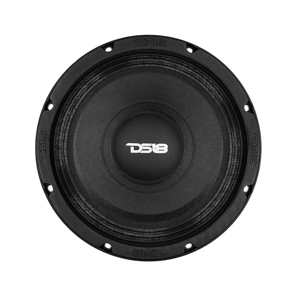 8-tums midbas högtalare med svart galler och D518-logotyp.