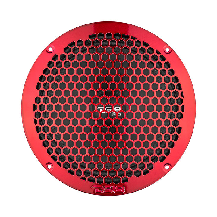 Slimmat röd metallgaller för 8 tums högtalare.