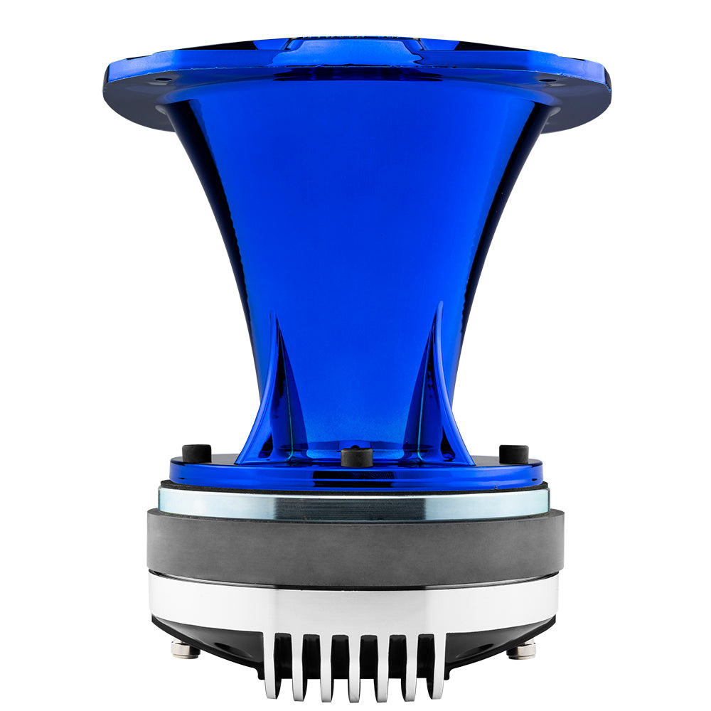 Blått 2tums horn för ljuddriver, med en konisk form och kylfläns.