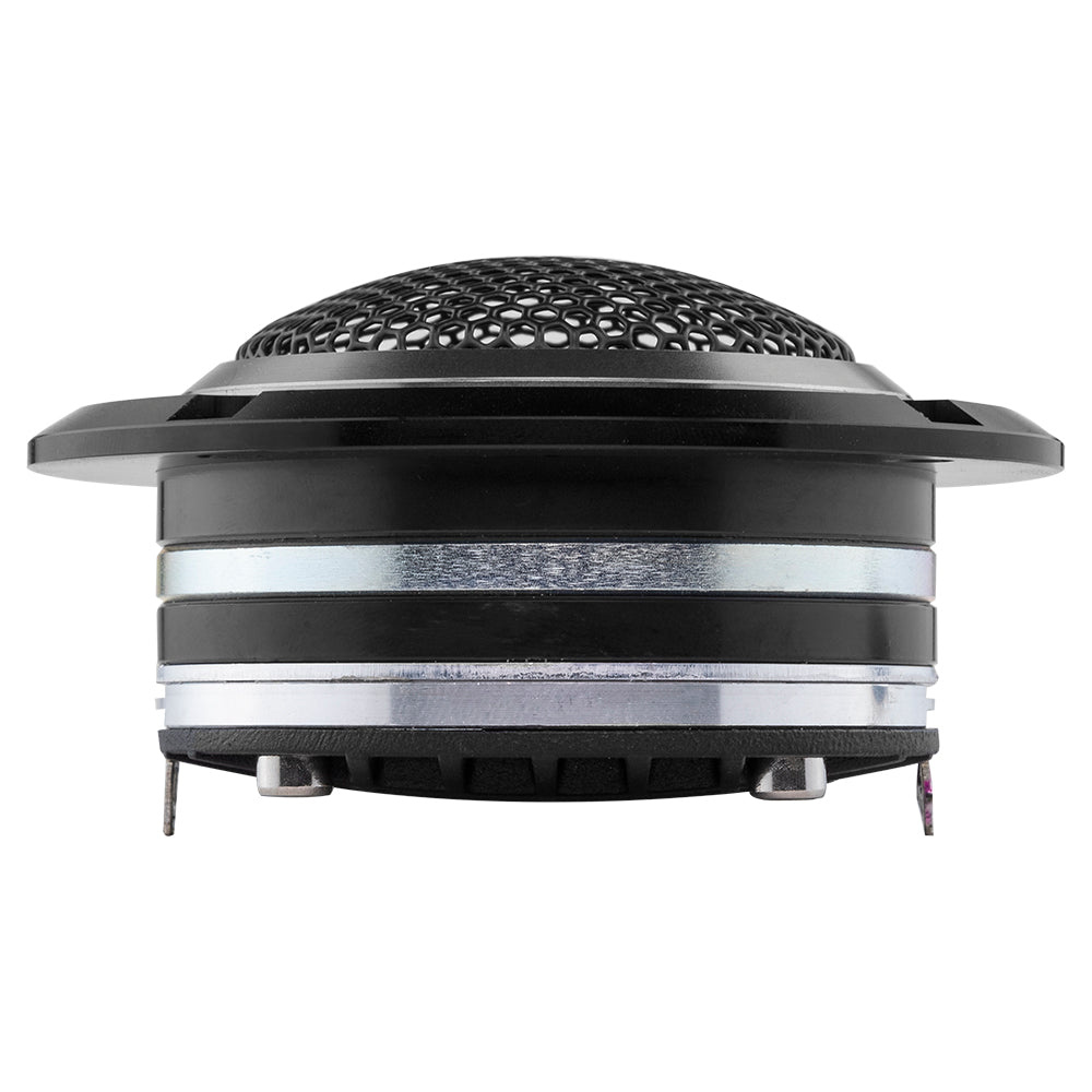 Högtalardiskant med hybriddesign och metallgaller för ljudåtergivning.