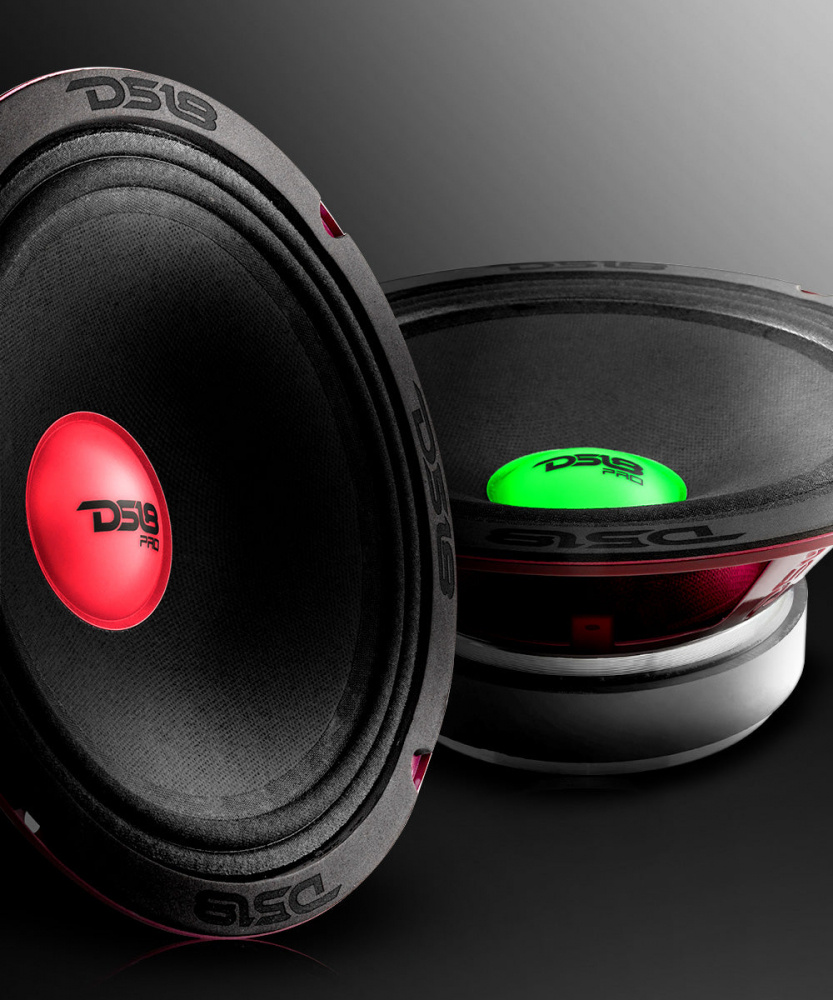 8 tums midbas med RGB LED-belysning i röd och grön.