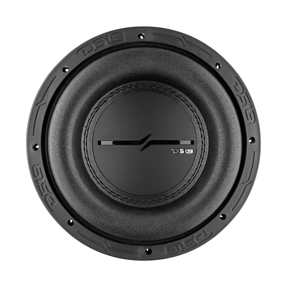 Långslagigt 8 tums baselement med svart ram och logotyp.