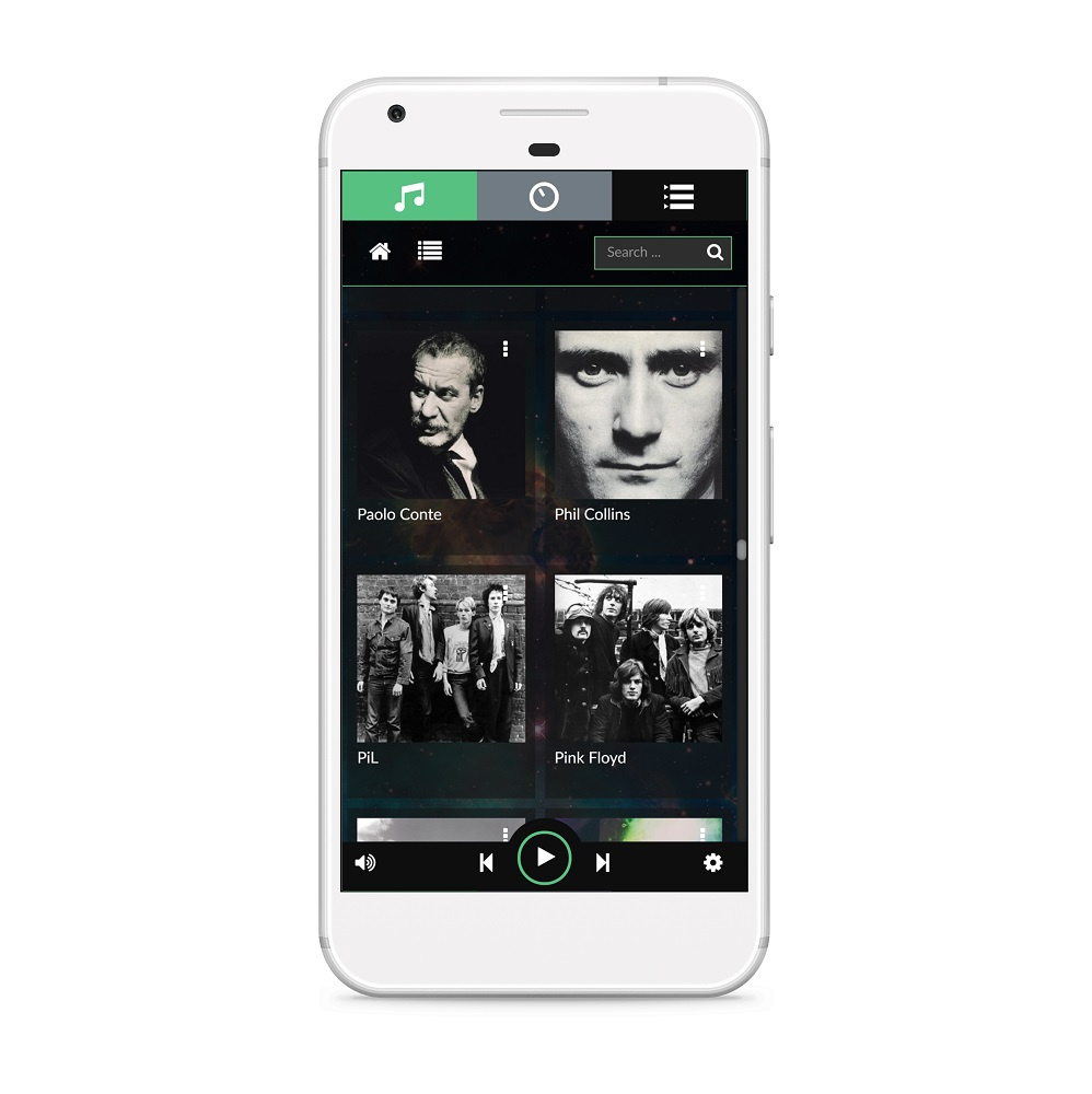 Mobilgränssnitt för Volumio Primo Hi-Fi Edition med musikartister och spelkontroller.