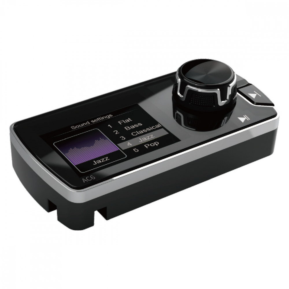 En kompakt fjärrkontroll med skärm och vred för ljudinställningar.