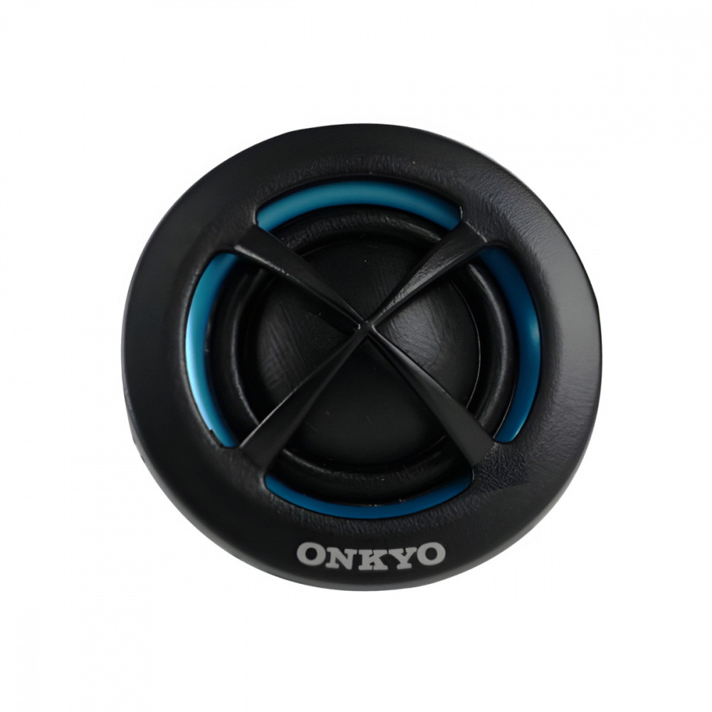 En svart högtalare med blå detaljer och Onkyo-logotypen.