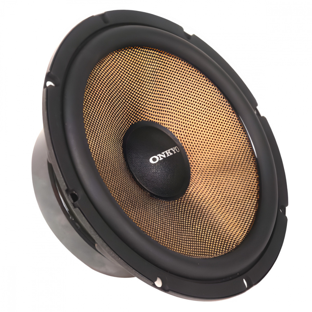 En högtalare med guldiga nät och svart ram.