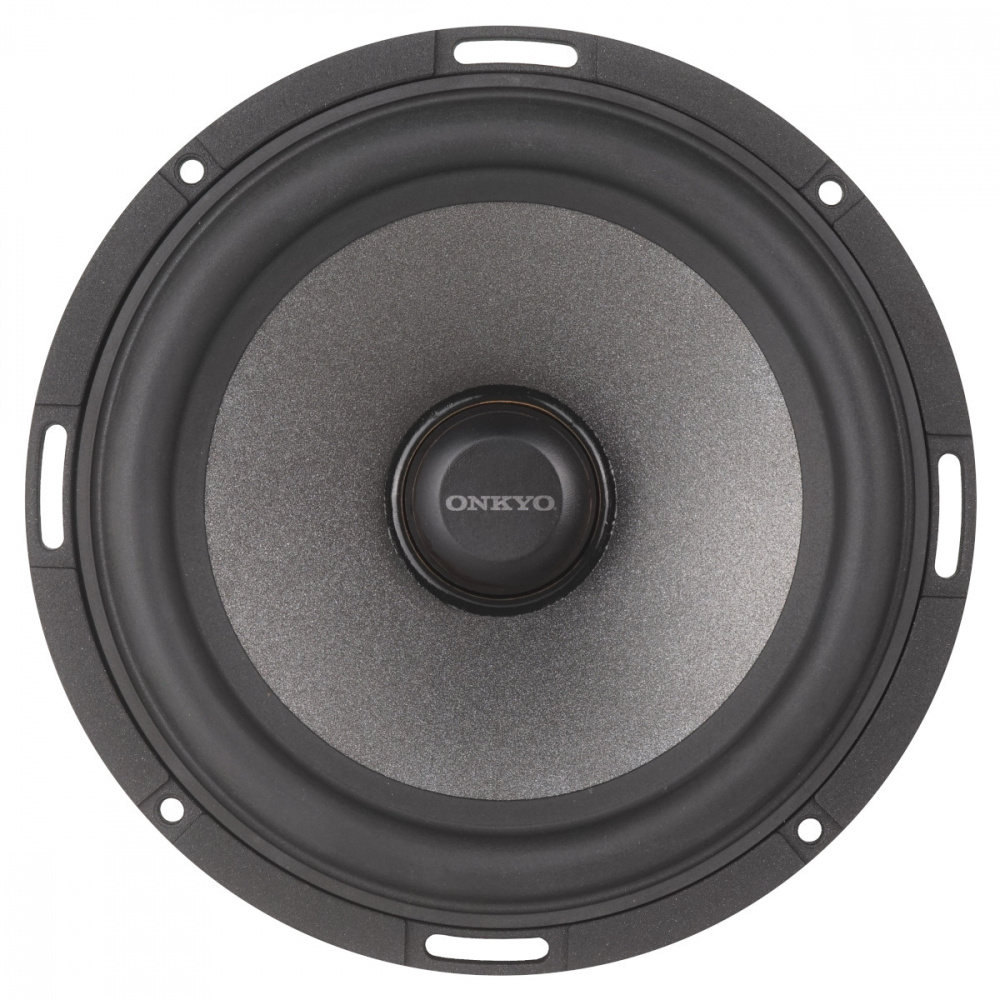 En rund högtalare med en grå membran och Onkyo-logotyp i mitten.