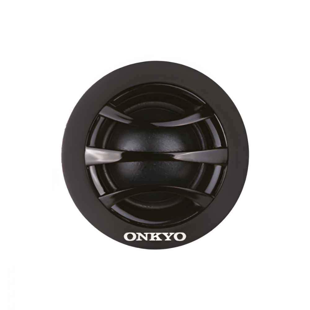 Högtalare med rund form och svart design, märkt Onkyo.