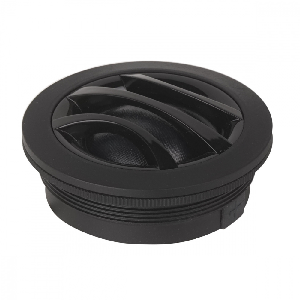 En rund högtalarkomponent i svart med tre luftventiler.