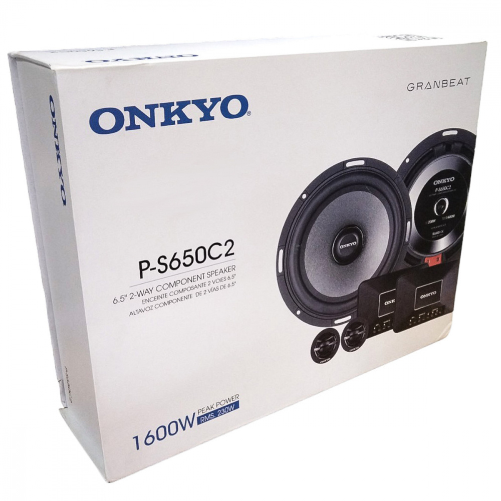 Förpackning av Onkyo P-S650C2 med högtalare och specifikationer.