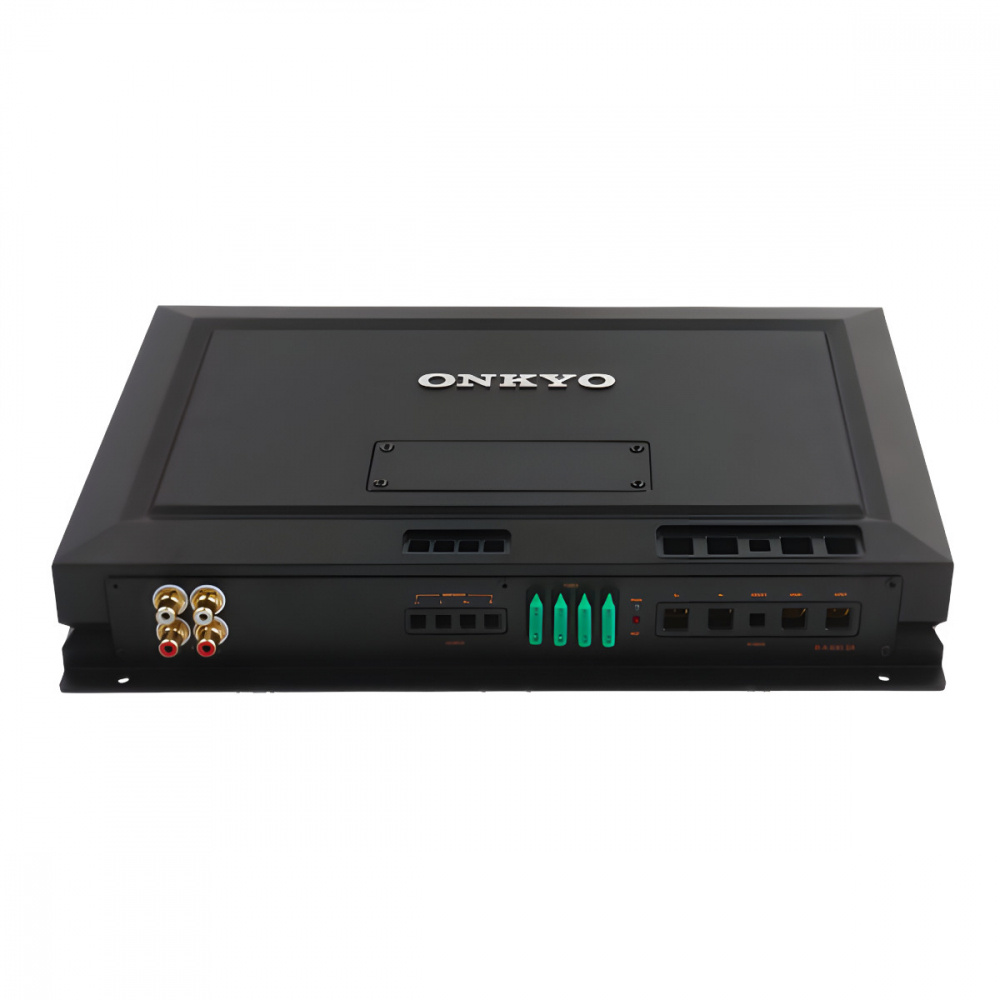 Ett svart slutsteg med anslutningar för ljud och ström.