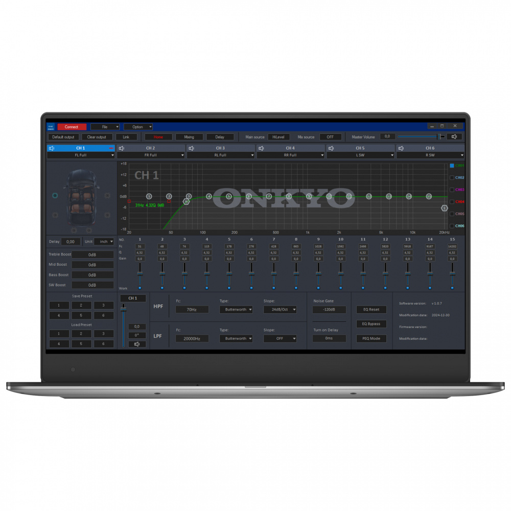 En mjukvaruavbildning av Onkyo R-MS10 med ljudinställningar och kontroller.