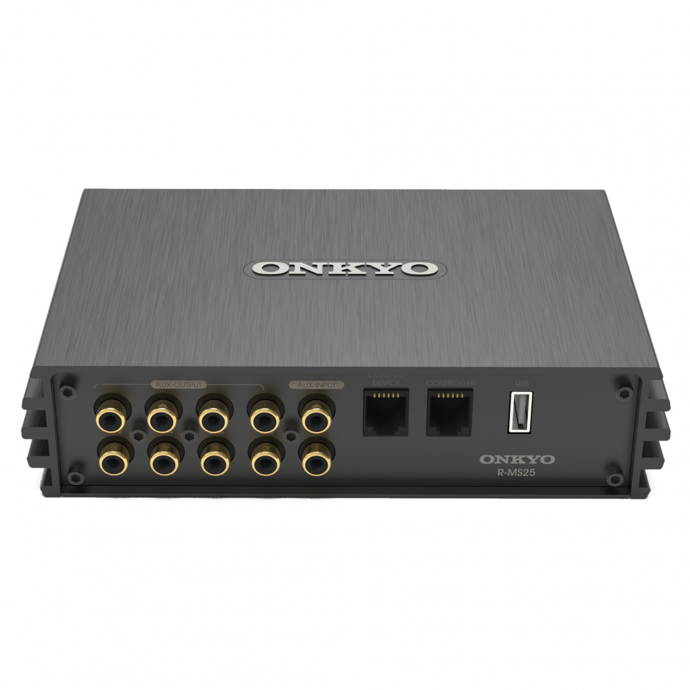 En silvergrå ljudprocessor med flera in- och utgångar.